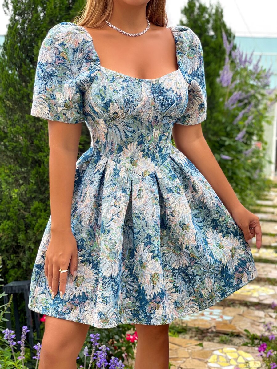 花卉圖案插肩袖褶皺細節喇叭下擺洋裝 - 彩色 - 查看 1