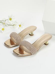 女士水钻装饰雕塑感高跟凉鞋，魅力露趾穆勒凉鞋情人节款，猫跟鞋 - 香檳色 - 查看 1