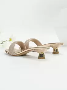 女士水钻装饰雕塑感高跟凉鞋，魅力露趾穆勒凉鞋情人节款，猫跟鞋 - 香檳色 - 查看 4