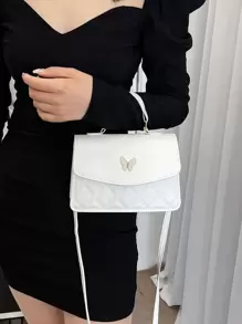 幾何格紋衍縫蝴蝶裝飾翻蓋方包