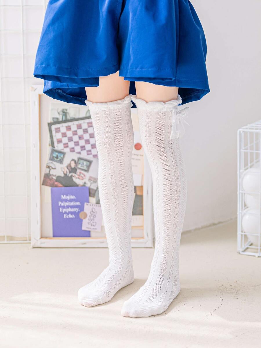 女孩蝴蝶結裝飾過膝襪 - 白色 - 查看 1