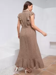 Modelyn Plus Polka Dot Print Butterfly Sleeve Ruffle Trim Belted Dress Maxi Women Outfit