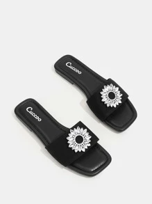 Gemstone Decor Slide Sandals - Black - View 2