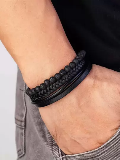 Fashionable and Popular Men Braided Detail Beaded Layered Bracelet PU for Jewelry Gift and for a Stylish Look