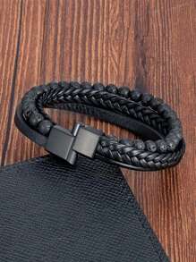 Fashionable and Popular Men Braided Detail Beaded Layered Bracelet PU for Jewelry Gift and for a Stylish Look - Black - View 2