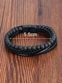 Fashionable and Popular Men Braided Detail Beaded Layered Bracelet PU for Jewelry Gift and for a Stylish Look - Black - View 3