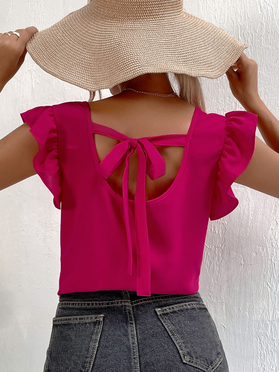 Breezaya Butterfly Sleeve Tie Back Top - Hot Pink - View 1