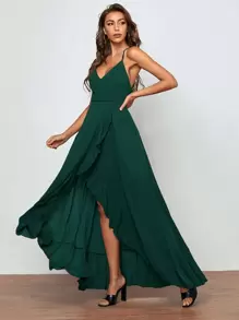 SHEIN Belle Crisscross Ren lên trở lại Ruffle Viền không đối xứng Trượt Váy phù dâu - Màu xanh lá cây đậm - Xem 1