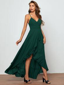 SHEIN Belle Crisscross Ren lên trở lại Ruffle Viền không đối xứng Trượt Váy phù dâu - Màu xanh lá cây đậm - Xem 3