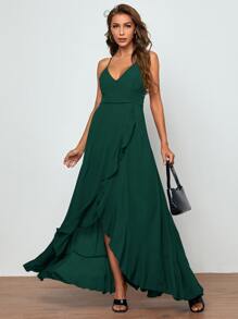 SHEIN Belle Crisscross Ren lên trở lại Ruffle Viền không đối xứng Trượt Váy phù dâu - Màu xanh lá cây đậm - Xem 5