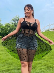 SHEIN ICON Plus 1pc Sheer Star Mesh Cami Dress - Black - View 3