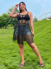 SHEIN ICON Plus 1pc Sheer Star Mesh Cami Dress - Black - View 4