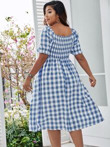 SHEIN Clasi 大碼上身打攬下擺開叉雙色格子連衣裙 - 藍白色 - 查看 2