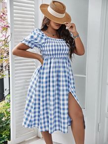 SHEIN Clasi 大碼上身打攬下擺開叉雙色格子連衣裙 - 藍白色 - 查看 3