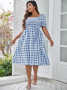 SHEIN Clasi 大碼上身打攬下擺開叉雙色格子連衣裙 - 藍白色 - 查看 4