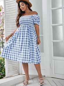 SHEIN Clasi 大碼上身打攬下擺開叉雙色格子連衣裙 - 藍白色 - 查看 5