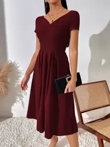 Breezaya Burgundy Red Ruched Pleated Detail A-Line Dress Maxi Women Outfit - Burgundy - View 3