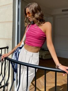 Sollinarry 單肩抽褶短版上衣 - 中紫紅色 - 查看 1