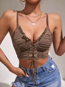 SHEIN Privé Lace Up Frill Trim Cami Top - Mocha Brown - View 1