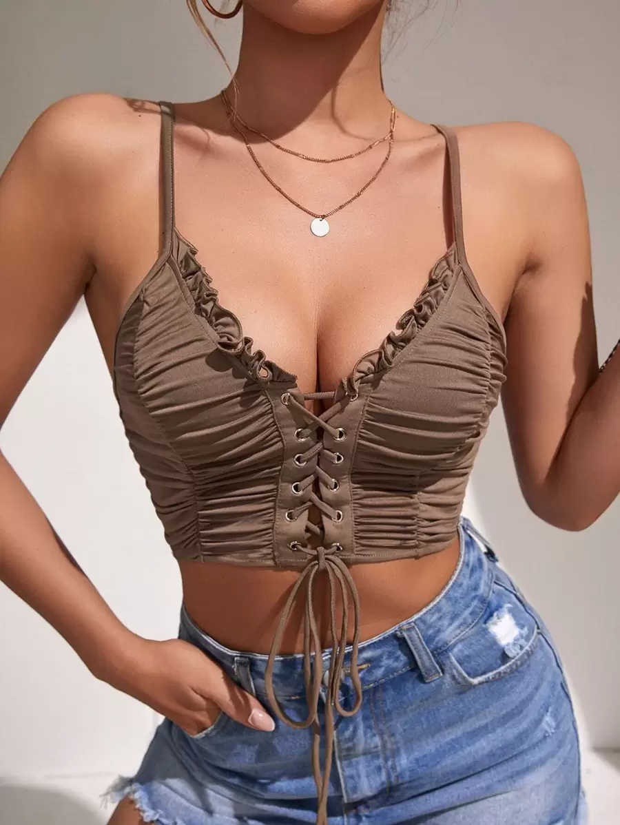 SHEIN Privé Lace Up Frill Trim Cami Top - Mocha Brown - View 1