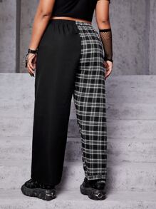 ROMWE PUNK Plus High Waist Plaid Print Trousers - Black and White - View 2