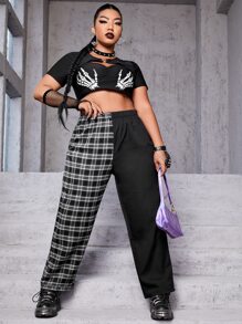 ROMWE PUNK Plus High Waist Plaid Print Trousers - Black and White - View 3