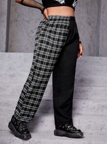 ROMWE PUNK Plus High Waist Plaid Print Trousers - Black and White - View 5
