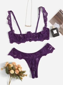 Floral Lace Underwire Lingerie Set - Purple - View 1