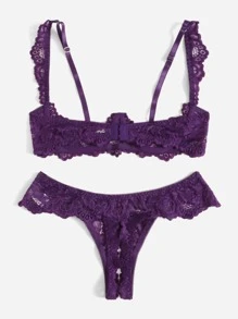 Floral Lace Underwire Lingerie Set - Purple - View 2