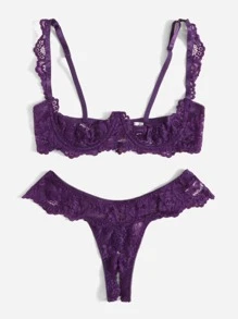 Floral Lace Underwire Lingerie Set - Purple - View 3