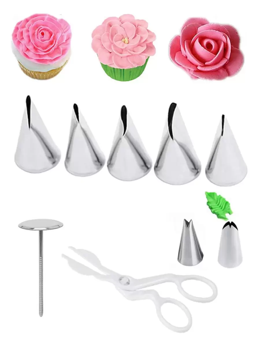 9pcs/set Piping Tip And Scissors, Cream Flower Maker Tool For Baking - Silver - View 1