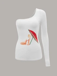 Yang L McDonald One Shoulder Watermelon & Figure Graphic Tee - White - View 1