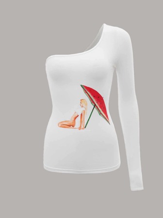 Yang L McDonald One Shoulder Watermelon & Figure Graphic Tee