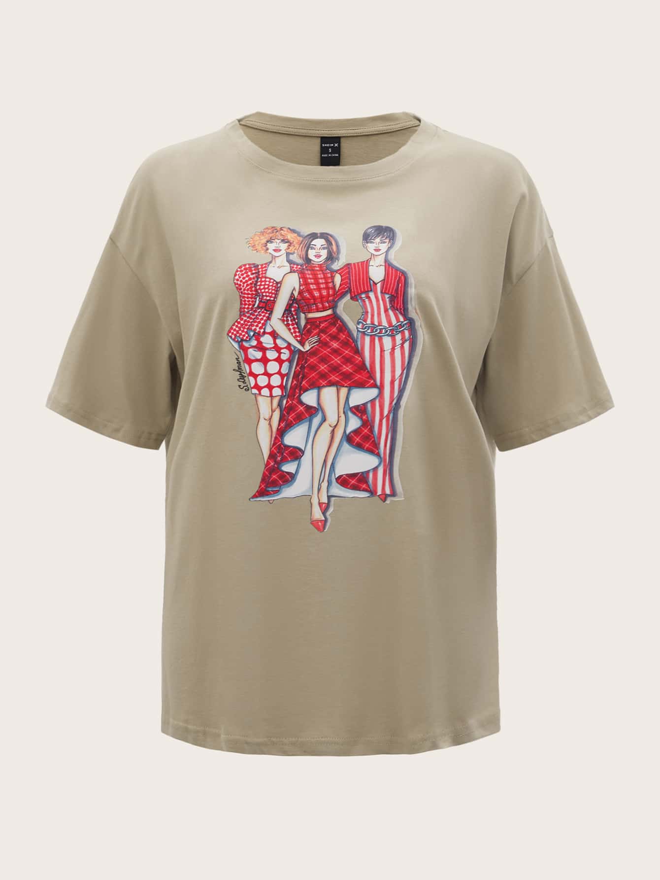 Sveta Drop Shoulder Figure Graphic Tee - Khaki - View 1