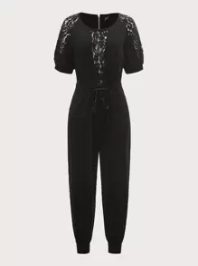 Elle Rebel Contrast Guipure Lace Drawstring Waist Jumpsuit - Black - View 1