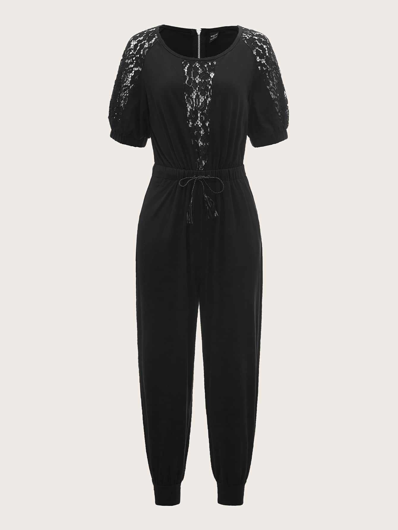Elle Rebel Contrast Guipure Lace Drawstring Waist Jumpsuit - Black - View 1