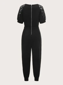 Elle Rebel Contrast Guipure Lace Drawstring Waist Jumpsuit - Black - View 2