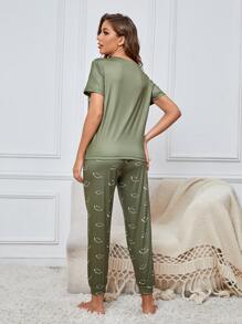字母和卡通圖案睡衣套裝 - 軍綠色 - 查看 2