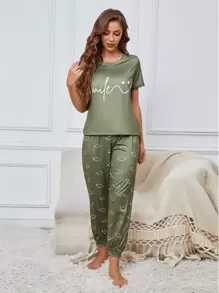 字母和卡通圖案睡衣套裝 - 軍綠色 - 查看 5