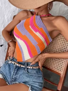 Breezaya Áo dệt kim nữ Bất đối xứng Lộ Lưng Hội Chữ thập Buộc lại Khối Màu Gợi cảm - Nhiều màu - Xem 6