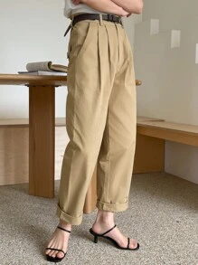 DAZY 褶皺斜口袋長褲不附腰帶 - 卡其色 - 查看 7