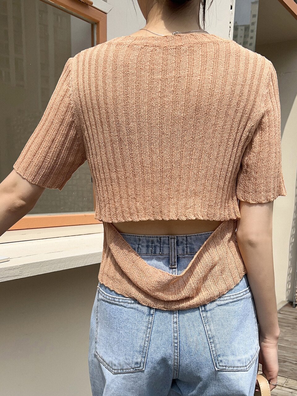 Cut Out Draped Back Knit Top
