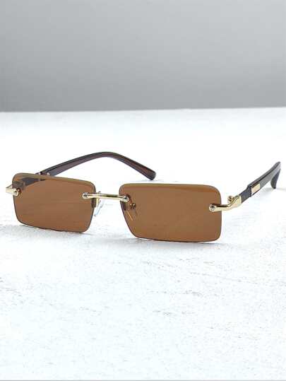 نظارة شمسية أنيقة من دون إطار ، بإطار معدني بني مربع تزيينية للرجال ، إكسسوارات نظارات موضة صالحة للنظرة الشارعية والملابس مثل البلوزة والسترات والسترة الرياضية والجلد والبنطلون الكارجو للصيف والشاطئ والسفر والخارج