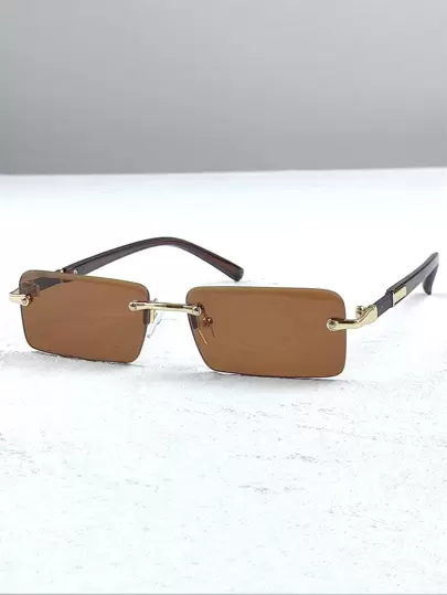 1副男士无框棕色方形装饰金属眼镜，时尚眼镜，時尚眼鏡配饰，沙滩配饰，打造街头风格，适合搭配毛衣、夹克、卫衣、连帽衫、皮裤和工装裤，适合夏季海滩度假、户外活动和旅行。