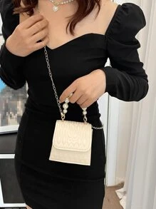 幾何和蝴蝶壓花人造珍珠裝飾鏈條翻蓋方包