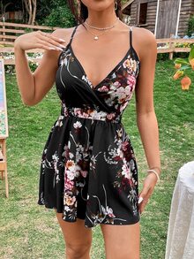 SHEIN VCAY Floral Print Cami Romper - Black - View 5