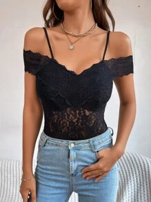SHEIN Privé Cold Shoulder Lace Bodysuit - Black - View 3
