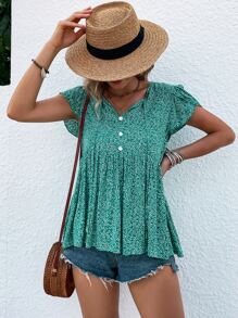 SHEIN VCAY 碎花繫帶領花瓣袖荷葉邊下擺襯衫 - 綠色 - 查看 3