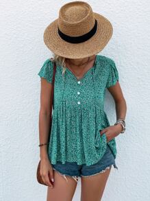 SHEIN VCAY 碎花繫帶領花瓣袖荷葉邊下擺襯衫 - 綠色 - 查看 4