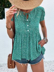 SHEIN VCAY 碎花繫帶領花瓣袖荷葉邊下擺襯衫 - 綠色 - 查看 6